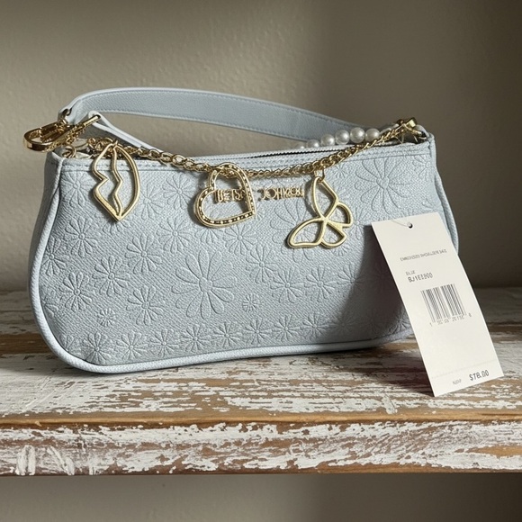 Betsey Johnson Blue Embossed 2 Way Carry Bag - with Gold Accents/ Pearls 
NWT - Picture 2 of 6